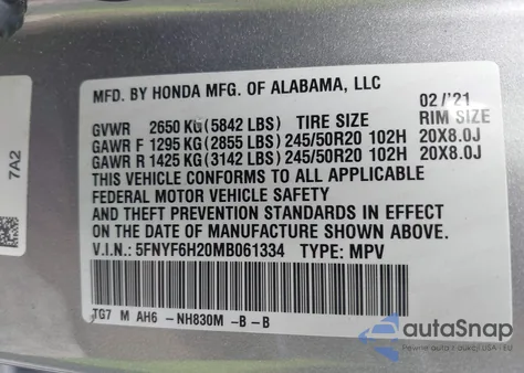 2021 Honda Pilot Awd Special Edition из США, поврежденный, VIN 5FNYF6H20MB061334